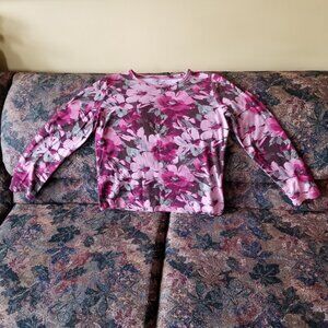 Pinks + flowers & leaves, cotton, round neck top, St. Johns Bay, vintage